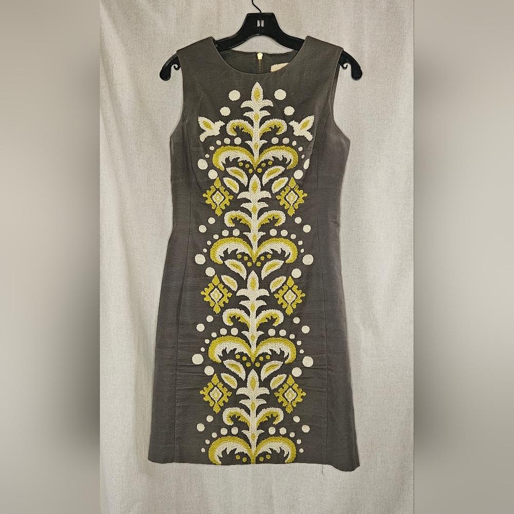 Anthrpologie Tabitha Gray Embroidered Zip Back Tailored Sleeveless Dress Sz 4